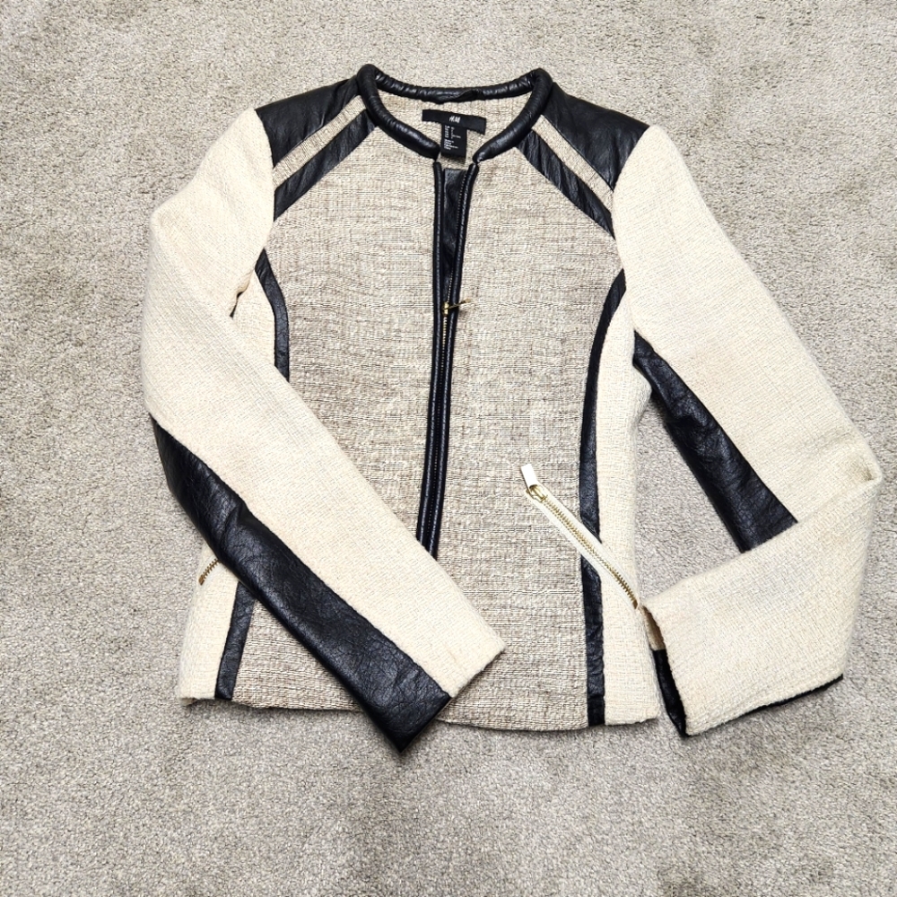 H&M Twead/Faux Leather Zip Jacket